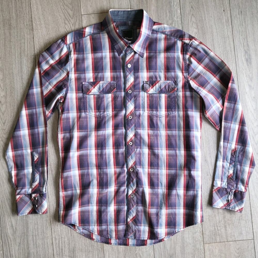 7 Diamonds Mens M Long Sleeve Plaid Shirt Sunset Hwy Burgundy Blue Gray Western